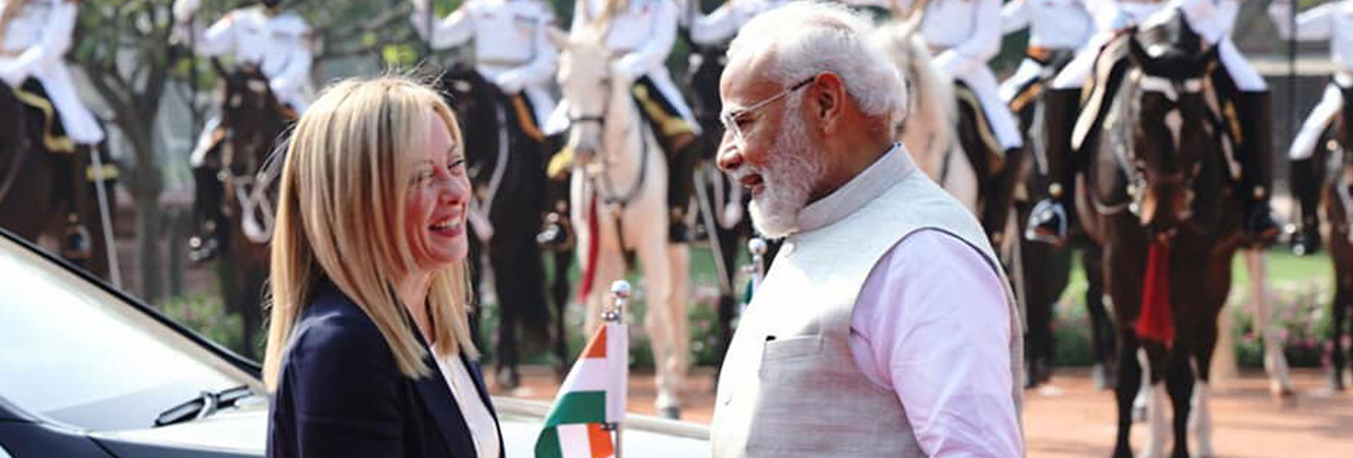 PM Narendra Modi received his Italian counterpart Giorgia Meloni in a ceremonial welcome at the forecourt of Rashtrapati Bhavan.