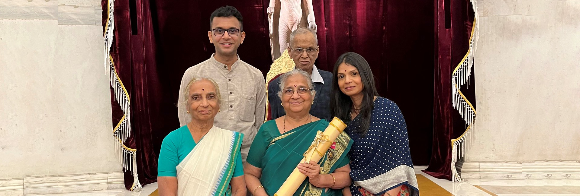 UK’s first lady Akshata Murthy at Rashtrapati Bhavan with her father Narayan Murthy and mother Sudha Murthy who received Padma Bhushan