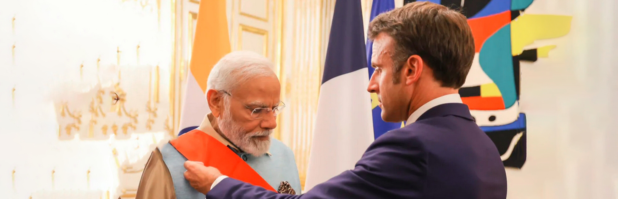 French President Emmanuel Macron bestow highest French honour, the Grand Cross of the Legion on PM Narendra Modi