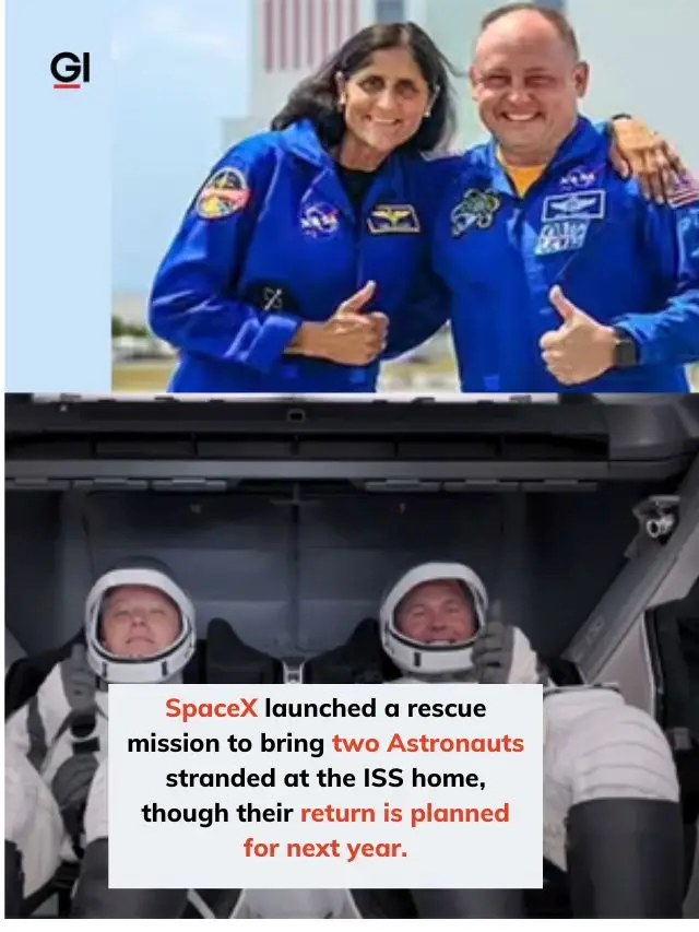 SpaceX launches a rescue mission for stranded NASA astronauts Sunita Williams and Butch Wilmore.