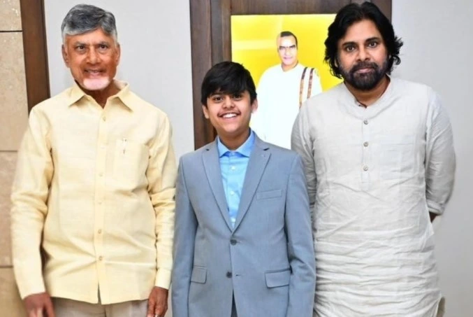 Siddharth Nandyala with CM Naidu and Deputy CM Pawan Kalyan of Andhra Pradesh