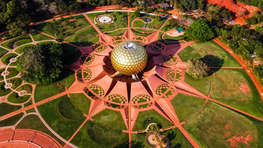 Matrimandir, a prominent structure and spiritual center located in the heart of Auroville