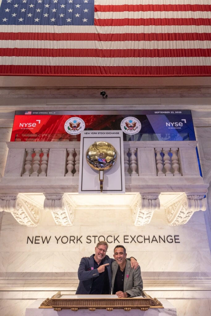 T-Mobile ‘s Mike Sievert and Srini Gopalan at the New York Stock Exchange following the announcement of Sievert handing the CEO reins over to Gopalan starting Nov. 1