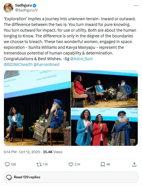 Sadhgurus post on Consciousness, Science, Spirituality and Global Impact 2025