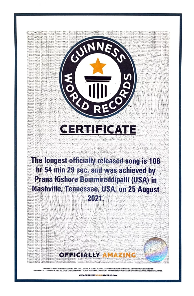 Prana Kishore's Guinness World Record Certificate