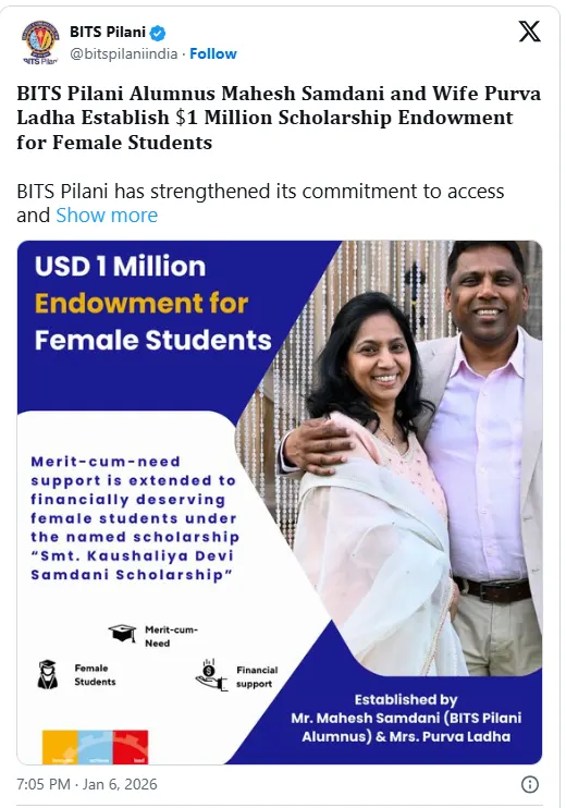 Mahesh Samdani donates to BITS Pilani