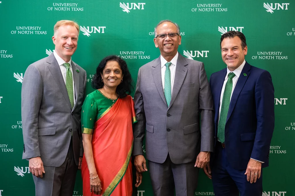 Anuradha and Vikas Sinha with UNT President Harrison Keller and Vice President of Advancement Brandon Buzbee
